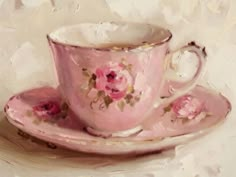 a painting of a pink tea cup and saucer