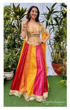 Bright multi color indian wedding gotta embellished lehenga paired with boho blouse and  flowy mesh cape mehendi sangeet outfit by LabelSnigdhaKapoor on Etsy Party Wear Lehenga Designs, Indo Western Lehenga, Lehenga For Girls, Western Lehenga, Haldi Outfits, Silk Cape, Choli Designs