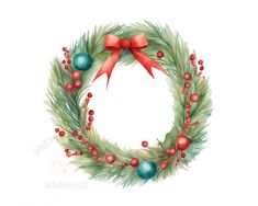 a watercolor painting of a christmas wreath with red and blue balls on it,