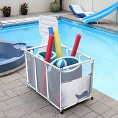 an outdoor pool with a swimming toy cart