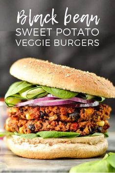 a black bean and sweet potato veggie burger on a bun with lettuce