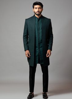 Emerald Green Embroidered Achkan With Kurta And Trousers Smriti - Fabilicious Fashion Black Slim Fit Trousers, Short Kurta, Men's Ethnic Wear, Traditional Indian Dress, Wedding Outfit Men, Green Trousers