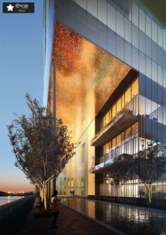 an artist's rendering of the exterior of a modern building at dusk with people walking by