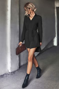 Women's Casual Dress V-neck High Waist Irregular Dress Black V-neck Long Sleeve Dress For Spring, Chic Asymmetrical V-neck Dress For Date Night, Black Asymmetrical Long Sleeve Dress For Summer, Black Long Sleeve Asymmetrical Dress For Summer, Black Long Sleeve Asymmetrical Summer Dress, Casual V-neck Long Sleeve Dress For Fall, Casual Long Sleeve V-neck Dress For Fall, Spring V-neck Long Sleeve Dress In Solid Color, Fall Knee-length Asymmetrical Dress