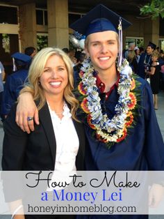 a man and woman standing next to each other in front of a building with the words how to make a money lei