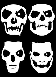 four skulls with different facial expressions on their faces, all in white and one black background