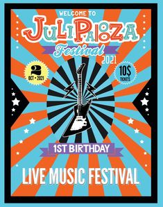 an event poster for the 1st birthday of julia's musical festival, featuring guitars and stars