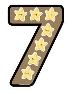 the number seven with stars on it is brown and has smiling faces in different colors