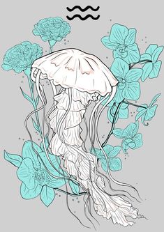 a drawing of a jellyfish surrounded by flowers