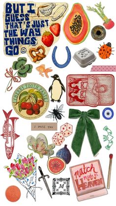 an assortment of stickers and magnets on a white background