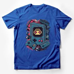 a blue t - shirt with an old school video game console on it's chest