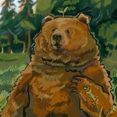 a painting of a brown bear in the woods with an apple on its head and arms