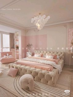 a bedroom with pink and white decor in the corner, including a large bed that has tufted upholstered headboard