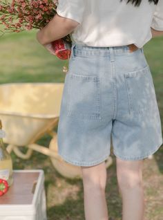 High rise denim shorts with cute floral embroidery on the front. Button and zip up front with belt loops, side pockets and back pockets. Cut open button hole with scissors S: 24.5" waist, 36" hips, 12" rise, 22" thighs, 4" inseamM: 26" waist, 37.5" hips, 12" rise, 23" thighs, 4" inseamL: 27.5" waist, 39" hips, 12" rise, 24" thighs, 4" inseam Button Hole, High Rise Denim Shorts, Embroidered Shorts, High Rise Denim, Overall Dress, Light Denim, Sweater Blouse, Cardigan Jacket, Floral Embroidery