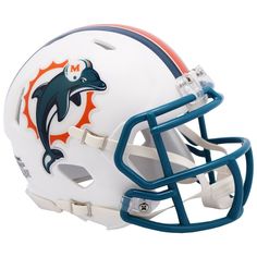 a football helmet with dolphins on the side and an orange, white, and blue stripe