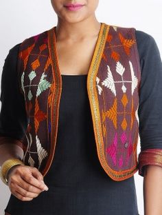 Brown-Multi-Color Cotton Bagh Jacket Craft Ideas With Cardboard, Ideas With Cardboard, Phulkari Design, Cardboard Craft Ideas, Cardboard Craft, Kurta Patterns, Design Jacket