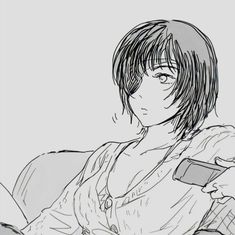 a black and white drawing of a woman sitting on a couch holding a cell phone