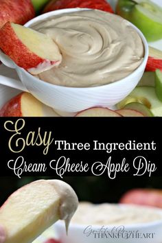 an apple dip in a white bowl with apples around it and the words easy three ingredient cream cheese apple dip