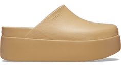 Made to mimic the look of genuine, full-grain leather mules, the Dylan Platform Clog is the newest iteration of our timeless Dylan Clog and provides a modern alternative to our Classic Clog collection. Whether you dress it up or down, you get a touch of style with the iconic comfort you love, now in an elevated silhouette.  Dylan Platform Clog Details:    2.2-inch | 5.5 cm heel height   Subtle texture on upper mimics appearance of genuine, full-grain leather   Deep heel cup for extra comfort and Comfortable Synthetic Platform Clogs, Chic Beige Platform Clogs, Trendy Brown Platform Clogs, Leather Clogs With Chunky Platform, Comfortable Non-slip Affordable Clogs, Modest Mom, Crocs Sandals, Crocs Clogs, Women's Crocs