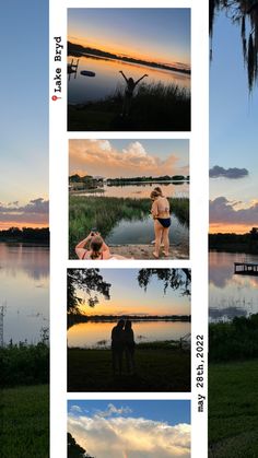 four different pictures of people standing in front of a body of water at sunset or dawn