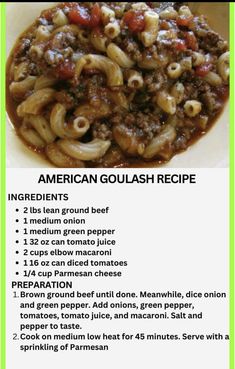 the ingredients for an american goulash recipe are shown in green and white colors