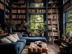 a living room filled with lots of bookshelves next to a couch and coffee table