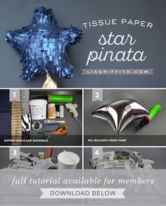 star pinata with instructions to make it in the shape of a balloon and other items