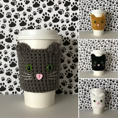 coffee cup cozyies made with crochet cats and paw prints on the wall