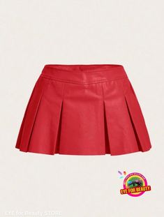 Red PU leather mini skirt. 2nd pic is a real model wearing the actual skirt. Skirt is a skort (shorts attached under the skirt Red Skirt Outfits, Red Skater Skirt, Red Leather Skirt, Red Pleated Skirt, Pu Leather Skirt, Burgundy Skirt, Under The Skirt, Leather Pleated Skirt, Shein Icon