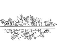 a black and white line drawing of flowers with leaves on the bottom, in front of a