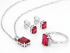 8.80ctw Rectangular Octagonal Lab Created Ruby Rhodium Over Sterling Silver Jewelry Set. Pendant Measures Approximately 0.86"L x 0.40"W. 2mm Bail. Lobster clasp with 2'extender. Earrings Measures Approximately 0.28"L x 0.21"w. Push Backings. Ring Measures Approximately 0.86"L x 0.40"W. Not sizeable. Not sizeable. Gia Certified Octagon White Gold Jewelry, Gia Certified Ruby Jewelry With Baguette Cut, Gia Certified Baguette Cut Ruby Jewelry, Ruby Jewelry With Diamond Accents, Emerald Cut, Fine Jewelry Ruby With Radiant Cut, Emerald Cut Ruby Jewelry With Diamond Accents, Ruby Jewelry With Diamond Accents In Baguette Cut, Baguette Cut Ruby Jewelry With Diamond Accents, White Gold Ruby Jewelry Baguette Cut