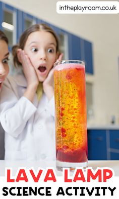 two girls in lab coats look surprised at a science experiment with text overlay that reads lava lamp science activity