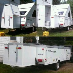 two pictures of the same camper and trailer in different stages of being moved to another location