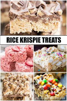 rice krispie treats collage with text overlay that reads rice krispies treats