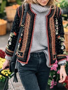 Fashion Long Sleeve Embroidery Short Blazer – Nayachic Long Sleeve Floral Embroidered Cardigan For Spring, Spring Floral Embroidered Long Sleeve Cardigan, Casual Fall Outerwear With Geometric Embroidery, Black Outerwear With Embroidered Cuffs And Long Sleeves, Black Long Sleeve Outerwear With Embroidered Cuffs, Winter Floral Embroidery Long Sleeve Cardigan, Casual Embroidered Blazer For Fall, Long Sleeve Outerwear With Floral Embroidery For Fall, Fitted Long Sleeve Cardigan With Floral Embroidery