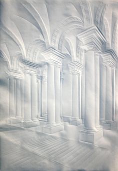 an artistic drawing of columns and steps in a white room with light coming through the windows