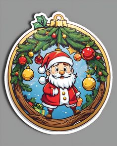 a sticker with a santa clause standing in front of a christmas tree and decorations