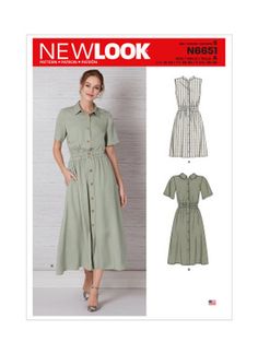 a women's dress and shirt sewing pattern from new look, with buttons on the front