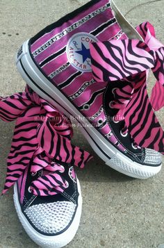 "Hot Pink and Black Chucks that Sparkle with rhinestone crystals complete on the toes and outlining the name you have them personalized with. The hot pink and black ribbon just sets them off, and they are really just a really fun pair of kicks to add to your wardrobe. Completely one of a kind. I can customize the colors too, should you not be a fan of pink, Wouldnt these look awesome in a metallic turquoise or peacock blue? This listing is for Womens sizes 4-11 in this design. Just polka dots, s Personalized Converse, Hi Top Converse, Converse Design, Painted Converse, Black Chucks, Bling Converse, Hot Pink And Black, Custom Bling, Funky Shoes