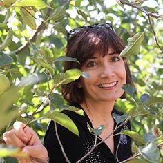 a woman is standing among the branches of an apple tree and smiling at the camera