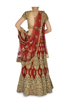 This deep red color designer Bridal lehenga /Chaniya choli's zari embroidered designs adorn the lehenga. Beige applique panels, with zari work accentuate the lehenga. This Bridal lehenga choli comes with beige stitched blouse with zari work and matching red dupatta with ornate border. Red Floor-length Sharara With Zari Work, Red Anarkali Sharara With Zari Work, Red Sharara With Zari Work, Resham Embroidery Lehenga For Traditional Ceremonies, Red Sharara With Intricate Embroidery, Festive Kundan Choli With Traditional Drape, Festive Red Gown With Zari Work, Red Lehenga With Resham Embroidery And Traditional Drape, Designer Red Sharara With Zari Work