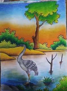 a painting of a bird standing in the water next to a tree and some plants