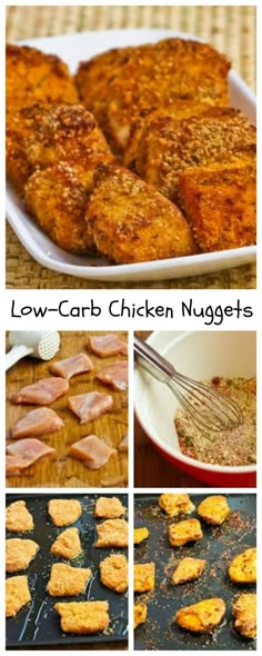 low - carb chicken nuggets collage with text that reads low - carb chicken nuggets