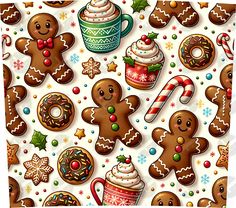 an image of christmas cookies and hot chocolates on a white background with candy canes