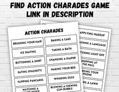 two white stickers with words on them that read, find action charies game link in description