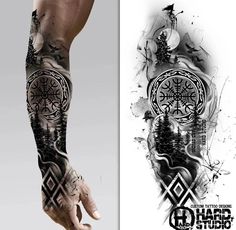 a man with tattoos on his arm and leg is shown next to an image of trees