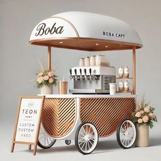 an ice cream cart with flowers and candles on the wheels is shown in front of a sign that says boba cat