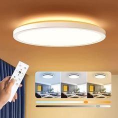 a hand holding a remote control in front of a ceiling light with pictures on it