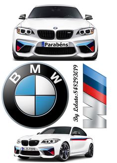 the front and side view of a white bmw car