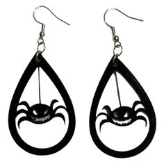 pair of earrings with black spider on the front and bottom, hanging from silver hooks